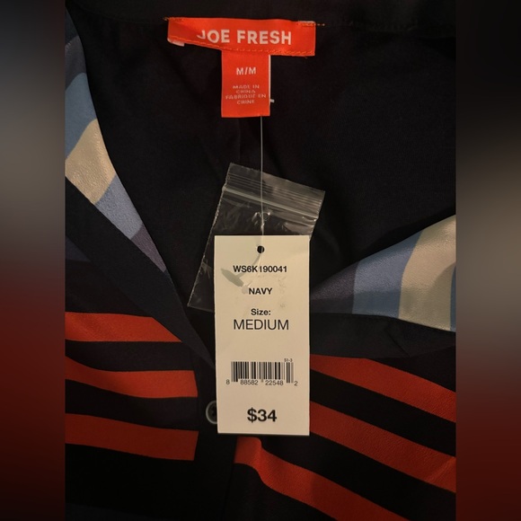 NWT Joe Fresh Womens Med Woven Front Knit Back Red White Blue Long Sleeve Button - Picture 3 of 7